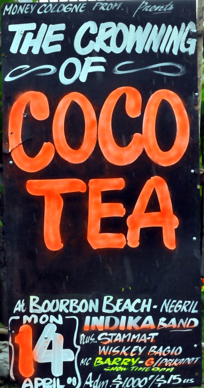 Original event sign for The Crowning of Coco Tea at Bourbon Beach
